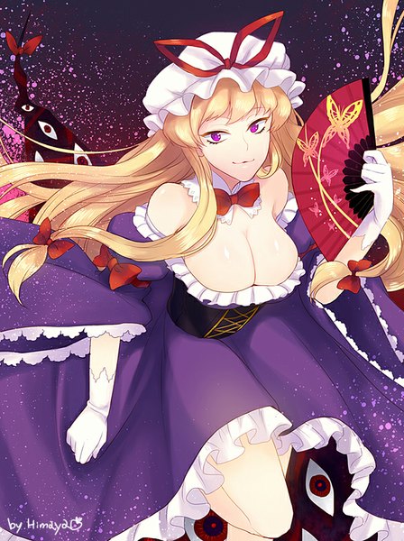 Anime picture 600x802 with touhou yakumo yukari himaya single long hair tall image looking at viewer breasts light erotic blonde hair large breasts purple eyes signed from above eyes girl dress gloves bow hair bow