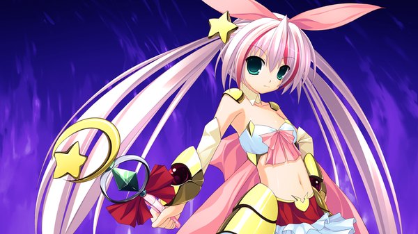 Anime picture 1280x720 with tiny dungeon (game) rosebleu wide image twintails green eyes pink hair game cg flat chest girl