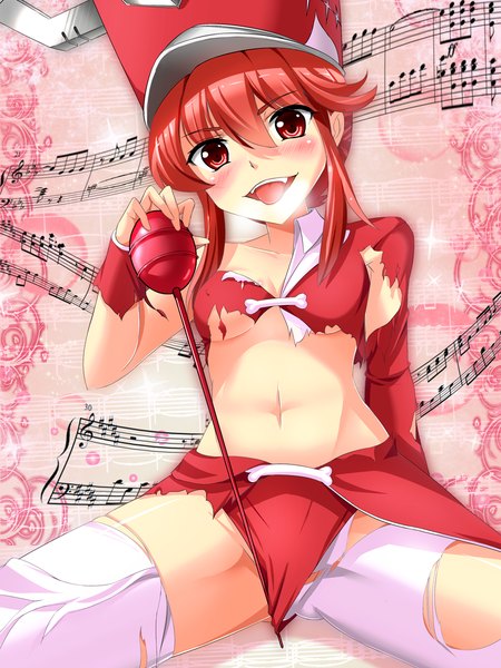 Anime picture 900x1200 with kill la kill studio trigger jakuzure nonon bug (artist) single tall image blush short hair breasts open mouth light erotic red eyes payot red hair torn clothes underboob girl navel hat tongue
