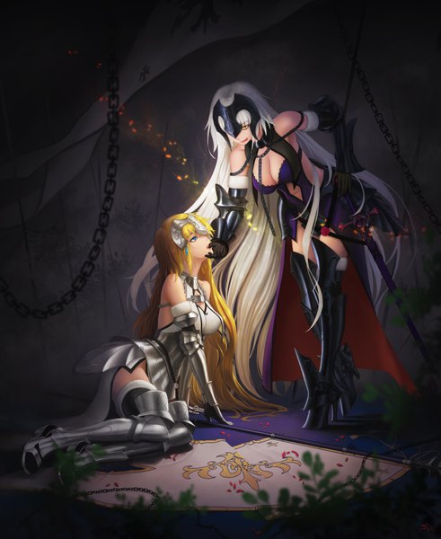Anime picture 5408x6608 with fate (series) fate/grand order fate/apocrypha jeanne d'arc (fate) (all) jeanne d'arc (fate) darkmuleth long hair tall image highres breasts blue eyes light erotic blonde hair bare shoulders multiple girls yellow eyes absurdres cleavage white hair very long hair