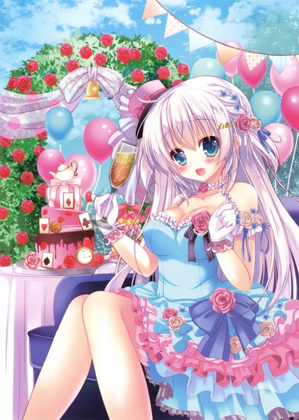 Anime picture 2492x3500 with original yuziki hina single long hair tall image blush highres open mouth blue eyes sitting white hair scan official art girl dress gloves flower (flowers) hat frills white gloves