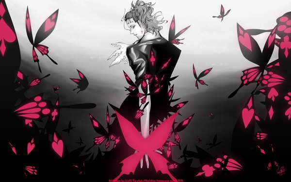 Anime picture 1920x1200 with d.gray-man tyki mikk single highres short hair red eyes wide image looking back monochrome scar boy earrings insect butterfly