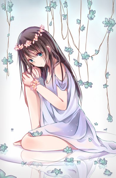 Anime picture 675x1031 with original saya (ccmkk54) single long hair tall image blush fringe blue eyes simple background brown hair white background sitting bare shoulders barefoot bare legs looking down reflection girl dress flower (flowers)