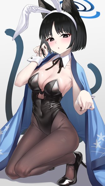 Anime picture 2590x4594 with blue archive kikyou (blue archive) pizza (pizzania company) single tall image looking at viewer blush highres short hair breasts light erotic black hair white background animal ears full body tail nail polish animal tail black eyes cat ears
