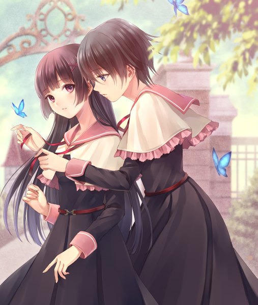 Anime picture 1149x1361 with original fukahire (ruinon) long hair tall image short hair blue eyes black hair red eyes multiple girls profile shoujo ai girl dress 2 girls insect butterfly