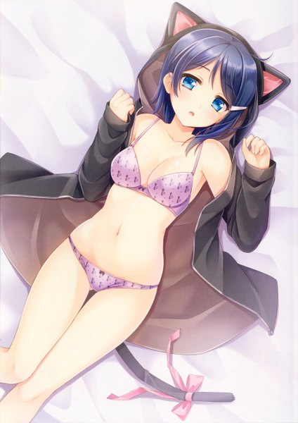 Anime picture 1918x2714 with idolmaster idolmaster dearly stars mizutani eri k.y ko single tall image blush highres short hair breasts blue eyes light erotic animal ears blue hair cleavage tail lying animal tail cat ears open clothes