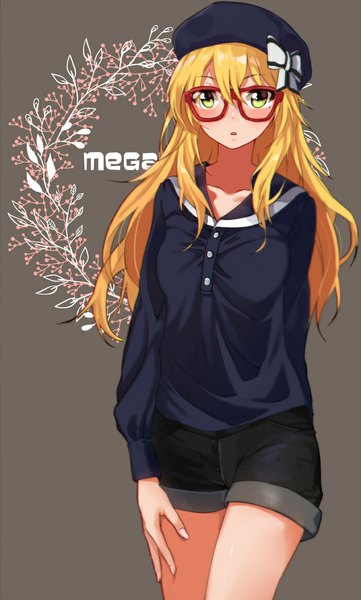 Anime picture 700x1164 with idolmaster hoshii miki kurokin single long hair tall image looking at viewer blush blonde hair standing green eyes parted lips floral print girl bow glasses shorts beret