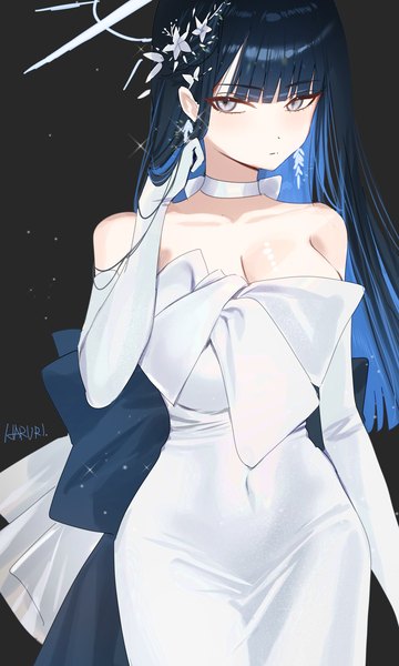 Anime picture 2000x3334 with blue archive saori (blue archive) saori (dress) (blue archive) haruri single long hair tall image looking at viewer fringe highres breasts light erotic simple background large breasts standing signed blue hair cleavage blunt bangs grey eyes