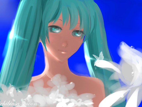 Anime picture 1600x1200 with vocaloid hatsune miku chibiusa-moon single long hair fringe twintails bare shoulders aqua eyes light smile lips aqua hair girl flower (flowers) insect butterfly