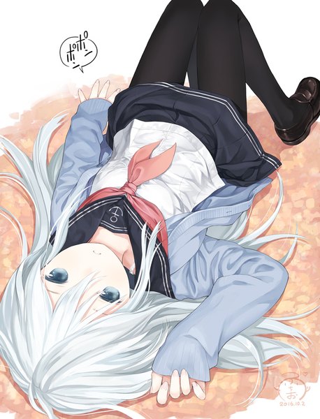 Anime picture 764x1000 with kantai collection hibiki destroyer capriccio single long hair tall image looking at viewer fringe blue eyes hair between eyes full body bent knee (knees) white hair lying long sleeves parted lips pleated skirt from above inscription on back