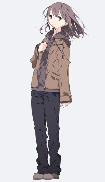 Anime picture 832x1443 with original delaney single long hair tall image blue eyes simple background brown hair white background looking away casual girl shoes jacket hood pants hoodie