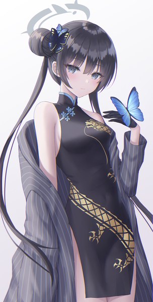 Anime picture 1200x2366 with blue archive kisaki (blue archive) seungju lee single long hair tall image fringe blue eyes black hair simple background hair between eyes standing white background traditional clothes hair bun (hair buns) chinese clothes butterfly on hand girl gloves hair ornament