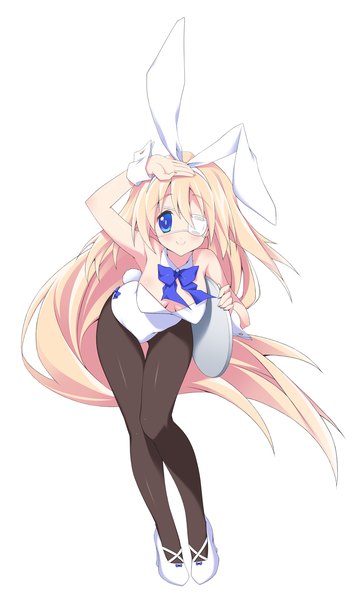 Anime picture 1200x2000 with original hisane (takehiro-taira) single tall image looking at viewer blush breasts blue eyes light erotic simple background blonde hair smile white background very long hair bunny girl hand on head girl pantyhose wrist cuffs eyepatch