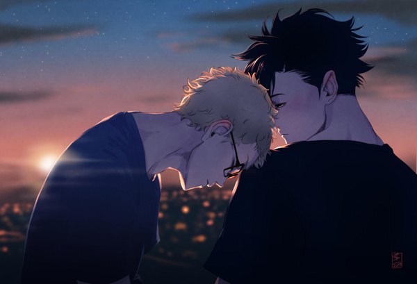 Anime picture 2000x1366 with haikyuu!! production i.g tsukishima kei kuroo tetsurou littleskrib highres short hair black hair blonde hair sky eyes closed head tilt profile multiple boys leaning leaning forward turning head evening sunset shounen ai