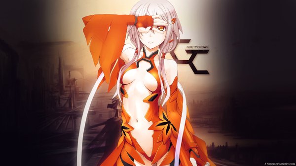 Anime picture 1920x1080 with guilty crown production i.g yuzuriha inori xmile456 single long hair highres breasts light erotic red eyes wide image pink hair center opening covering eye (eyes) girl navel hair ornament detached sleeves hairclip bodysuit