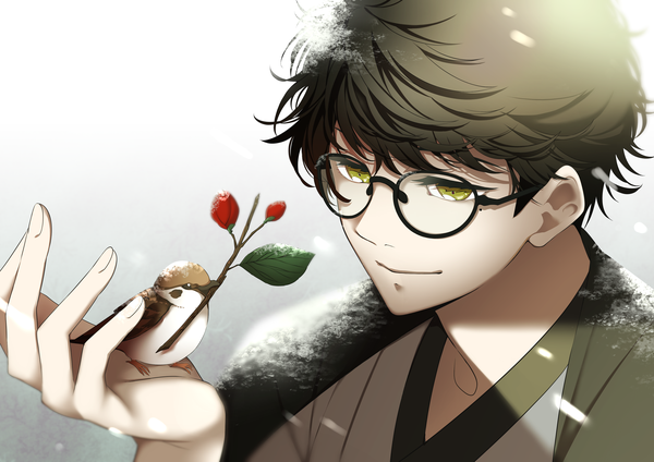Anime picture 3400x2400 with original sibato5 single highres short hair black hair simple background smile green eyes looking away absurdres upper body fingernails grey background mole mole under eye snowing bird on hand boy flower (flowers)