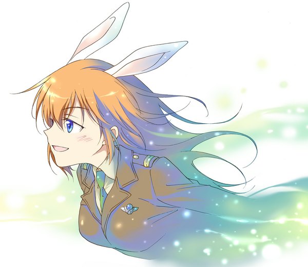 Anime picture 1000x867 with strike witches charlotte e yeager agahari single long hair blush open mouth blue eyes white background animal ears profile wind orange hair bunny ears girl uniform military uniform
