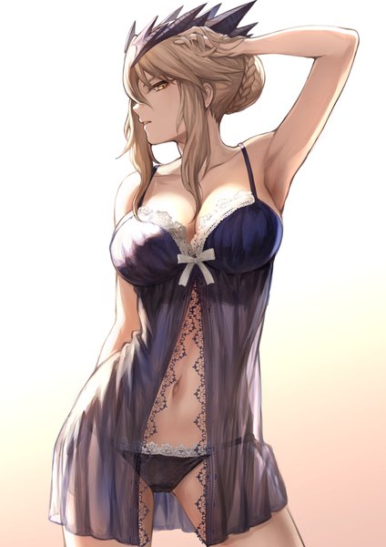 Anime picture 1302x1842 with fate (series) fate/grand order artoria pendragon (all) artoria pendragon (lancer alter) mashuu (neko no oyashiro) single tall image looking at viewer fringe short hair breasts light erotic simple background blonde hair hair between eyes large breasts standing yellow eyes payot cleavage