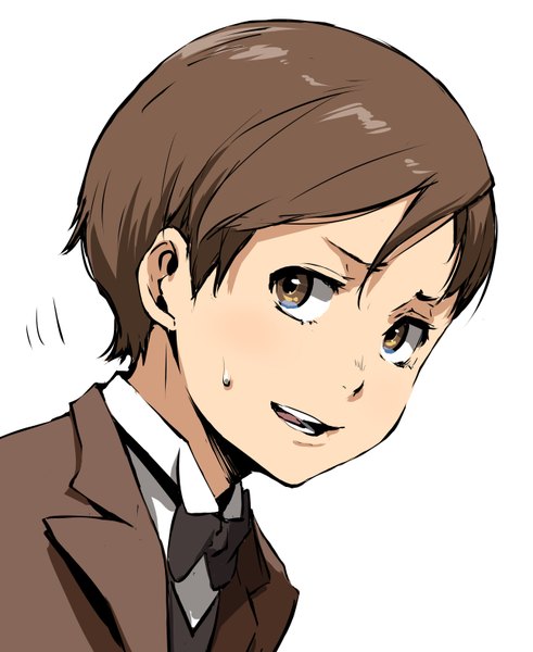 Anime picture 2584x3160 with baccano! czeslaw meyer enami katsumi single tall image highres short hair open mouth simple background brown hair white background brown eyes looking away sweat portrait sweatdrop boy bowtie