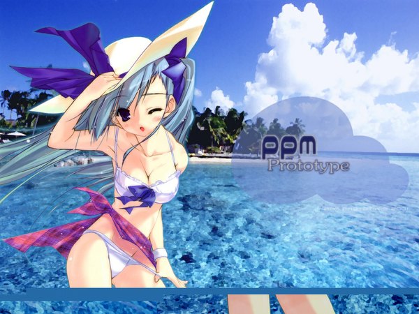 Anime picture 1024x768 with original urotan single blush breasts light erotic blue hair one eye closed wink wallpaper beach bikini pull swimsuit hat bikini straw hat pareo string bikini