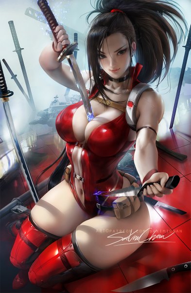 Anime picture 787x1200 with boku no hero academia studio bones yaoyorozu momo sakimichan single long hair tall image looking at viewer fringe breasts light erotic black hair smile large breasts sitting holding signed payot cleavage ponytail