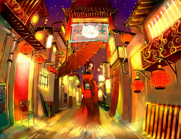 Anime picture 1140x874 with axis powers hetalia studio deen china (hetalia) hana (yui) single long hair brown hair sky tail japanese clothes looking back from behind city light street boy belt kimono star (stars) umbrella