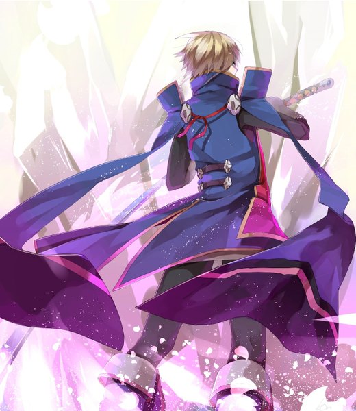 Anime picture 1300x1500 with blazblue jin kisaragi kon1947 single tall image short hair blonde hair simple background green eyes from behind back boy uniform weapon cloak