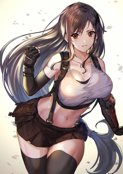 Anime picture 1241x1754 with final fantasy final fantasy vii final fantasy vii remake square enix tifa lockhart matsumoto mitsuaki single long hair tall image looking at viewer blush fringe breasts light erotic black hair simple background smile red eyes large breasts standing