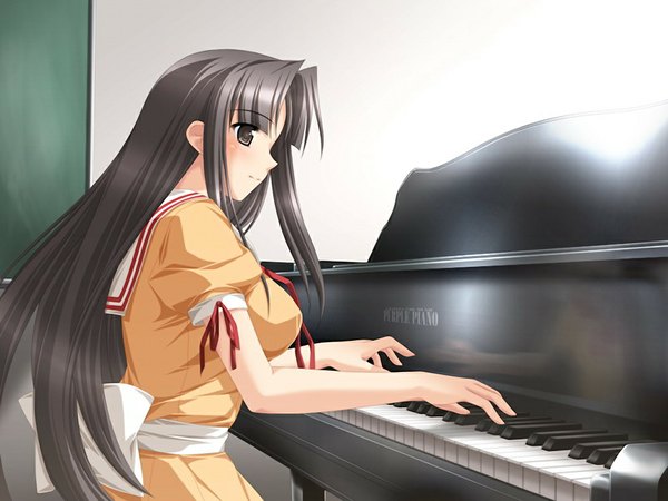 Anime picture 1024x768 with alto miharu - alto another story sakuraoka miharu long hair black hair game cg black eyes girl piano