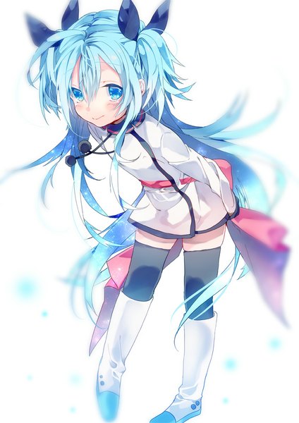 Anime picture 707x1000 with sora no method noel (sora no method) amana raika single tall image looking at viewer blush blue eyes simple background white background very long hair aqua hair leaning two side up leaning forward girl dress ribbon (ribbons) hair ribbon short dress