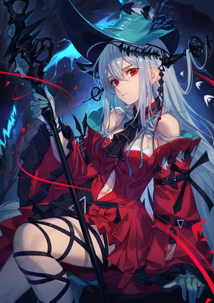 Anime picture 2505x3543 with arknights skadi (arknights) skadi the corrupting heart (arknights) baek hyang single long hair tall image looking at viewer fringe highres hair between eyes red eyes sitting silver hair official alternate costume center opening girl dress gloves hat