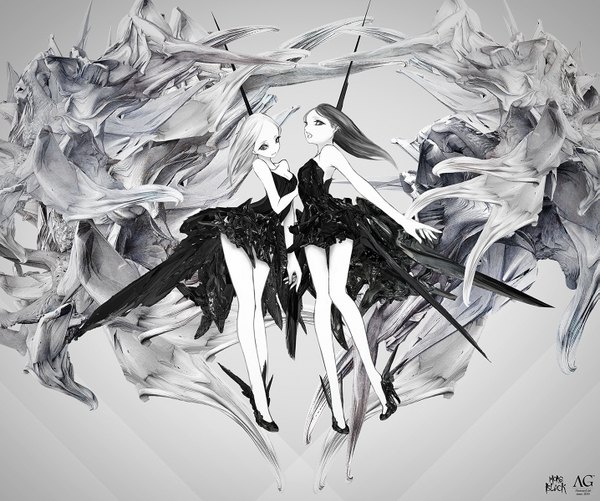 Anime picture 1435x1200 with original yuya togashi long hair looking at viewer open mouth bare shoulders multiple girls white hair grey hair grey eyes monochrome white skin abstract girl dress 2 girls shoes black dress