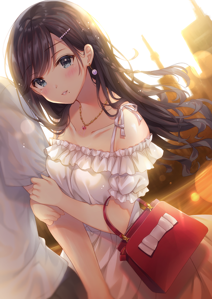 Anime picture 700x988 with original noda shuha long hair tall image looking at viewer blush fringe breasts brown hair standing braid (braids) parted lips black eyes mole couple hug lens flare solo focus side braid mole under mouth