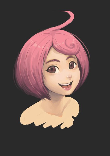 Anime picture 1455x2048 with original laras (jubi) jubi (regiana) single tall image looking at viewer fringe short hair simple background smile bare shoulders brown eyes pink hair ahoge lips portrait dark background eyebrows girl