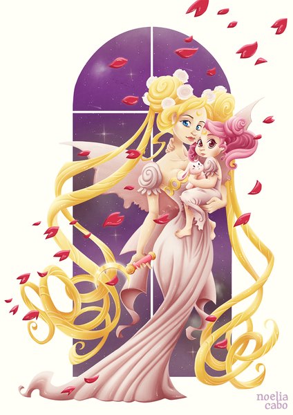 Anime picture 707x1000 with bishoujo senshi sailor moon toei animation tsukino usagi chibiusa princess usagi small lady neo queen serenity bosquesdebonsai tall image looking at viewer blue eyes blonde hair simple background red eyes standing white background twintails multiple girls holding pink hair very long hair