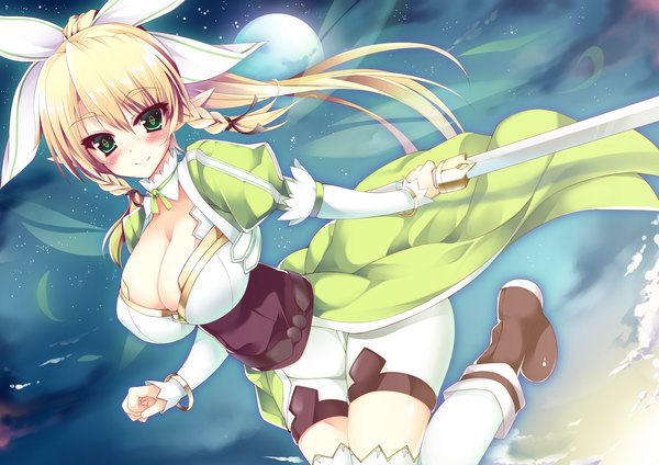 Anime picture 1403x992 with sword art online a-1 pictures leafa kusano (torisukerabasu) single long hair blush breasts light erotic blonde hair large breasts green eyes ponytail braid (braids) pointy ears twin braids girl thighhighs dress bow