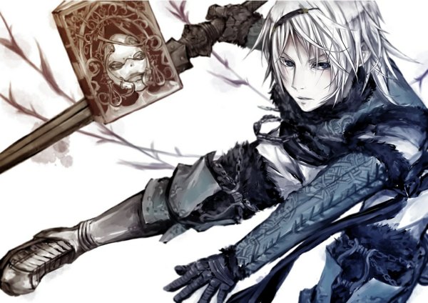 Anime picture 1000x707 with nier nier (young) cham single looking at viewer blush short hair blue eyes holding grey hair pale skin boy weapon sword armor fur book (books) chain pants