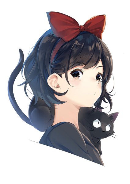 Anime picture 1400x1980 with kiki's delivery service studio ghibli kiki jiji junp single tall image looking at viewer blush fringe short hair black hair simple background white background brown eyes face animal on shoulder girl bow hair bow