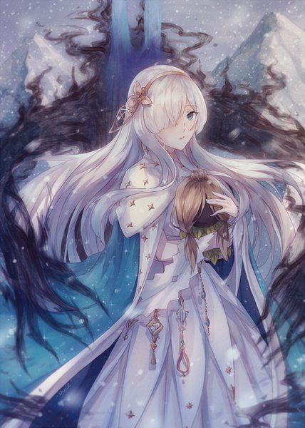 Anime picture 700x980 with fate (series) fate/grand order anastasia (fate) viy (fate) shuryukan single long hair tall image fringe standing holding green eyes signed looking away silver hair outdoors long sleeves parted lips hair flower hair over one eye