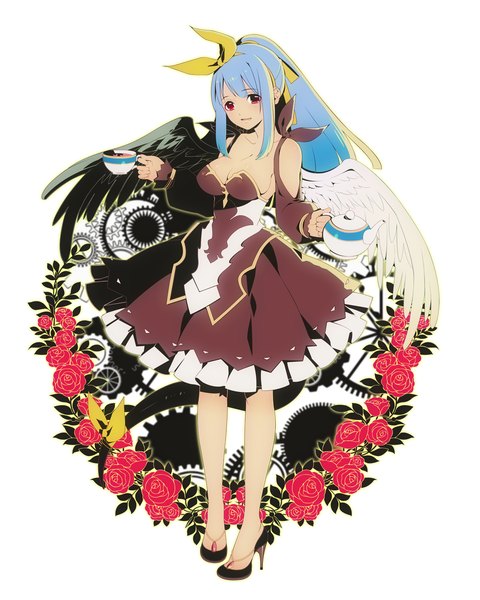 Anime picture 1015x1268 with guilty gear dizzy (guilty gear) 8055 single long hair tall image looking at viewer fringe breasts simple background smile red eyes large breasts standing white background bare shoulders holding blue hair ponytail high heels