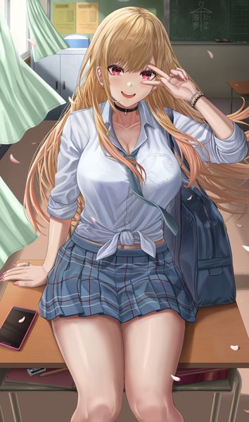Anime picture 1182x2006 with sono bisque doll wa koi wo suru cloverworks kitagawa marin silvertsuki single long hair tall image looking at viewer blush fringe breasts open mouth blonde hair smile hair between eyes red eyes large breasts sitting payot cleavage