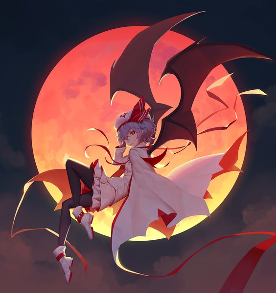 Anime picture 1200x1277 with touhou remilia scarlet nian (zhanian) single tall image looking at viewer short hair red eyes blue hair bent knee (knees) long sleeves night night sky turning head bat wings red moon girl skirt underwear panties