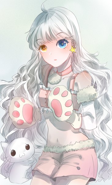 Anime picture 1100x1800 with original wuc single long hair tall image looking at viewer blush fringe blue eyes simple background standing bare shoulders ahoge white hair parted lips grey background bare belly orange eyes fur trim heterochromia