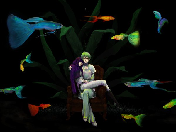 Anime picture 1500x1125 with mobile suit gundam mobile suit gundam 00 sunrise (studio) tieria erde ribbons almark choku mare purple hair green hair glasses fish (fishes) innovator