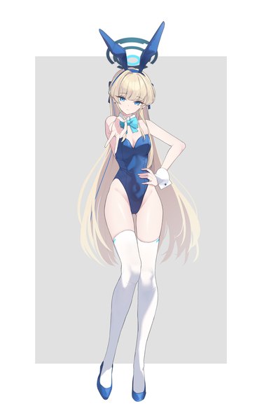 Anime picture 2050x3288 with blue archive toki (blue archive) toki (bunny) (blue archive) arume ad single long hair tall image looking at viewer highres blue eyes light erotic simple background blonde hair standing blue hair full body multicolored hair two-tone hair streaked hair hand on hip