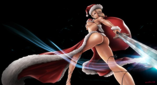 Anime picture 1980x1080 with original ecchi-mia single highres short hair breasts light erotic simple background blonde hair wide image large breasts ass grey eyes erect nipples black background covered nipples christmas girl weapon hat