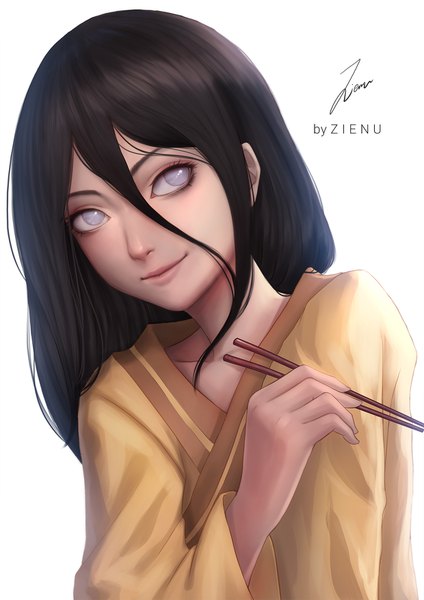 Anime picture 1240x1754 with naruto studio pierrot naruto (series) hyuuga hanabi zienu single long hair tall image fringe black hair simple background hair between eyes white background signed looking away upper body traditional clothes light smile silver eyes girl