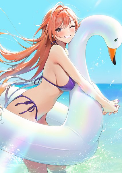 Anime picture 1200x1694 with idolmaster idolmaster shiny colors arisugawa natsuha ame (uten cancel) single long hair tall image looking at viewer blush fringe breasts light erotic smile hair between eyes large breasts standing holding brown eyes payot sky