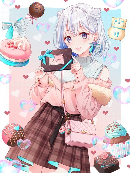 Anime picture 900x1200 with original aoi yuki single tall image looking at viewer blush fringe short hair open mouth hair between eyes purple eyes bare shoulders silver hair nail polish :d official art border plaid skirt outside border valentine