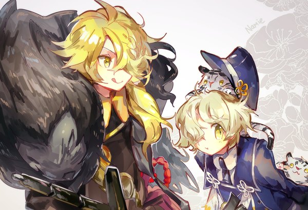 Anime picture 804x550 with touken ranbu nitroplus gokotai gokotai's tigers shishiou shishiou no mofumofu namie-kun long hair blush fringe short hair blonde hair smile signed yellow eyes looking away hair over one eye grey background multiple boys animal on head